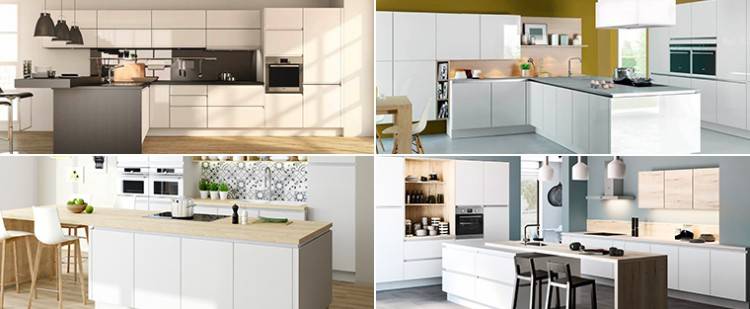 Il existe différents modèles de cuisines blanches, comme la cuisine blanche  avec îlot, la cuisine blanche en L, la cuisine blanche en U et la cuisine