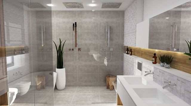 Salle de bain moderne avec une baignoire et belle cabine de douche italienne transparente